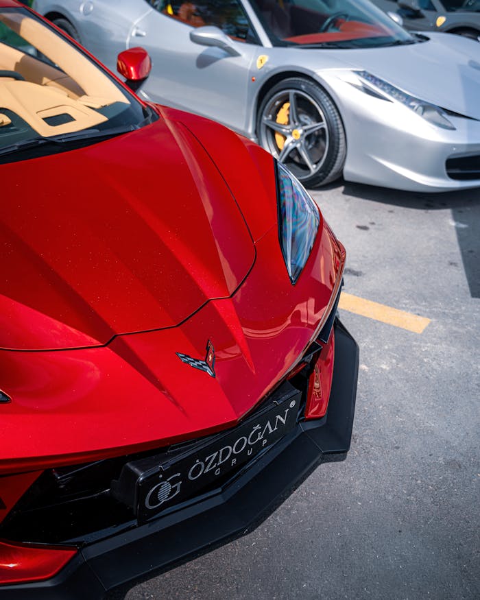 hero-img-02 Bright red sports car on display at an outdoor auto show in Ankara, Türkiye.